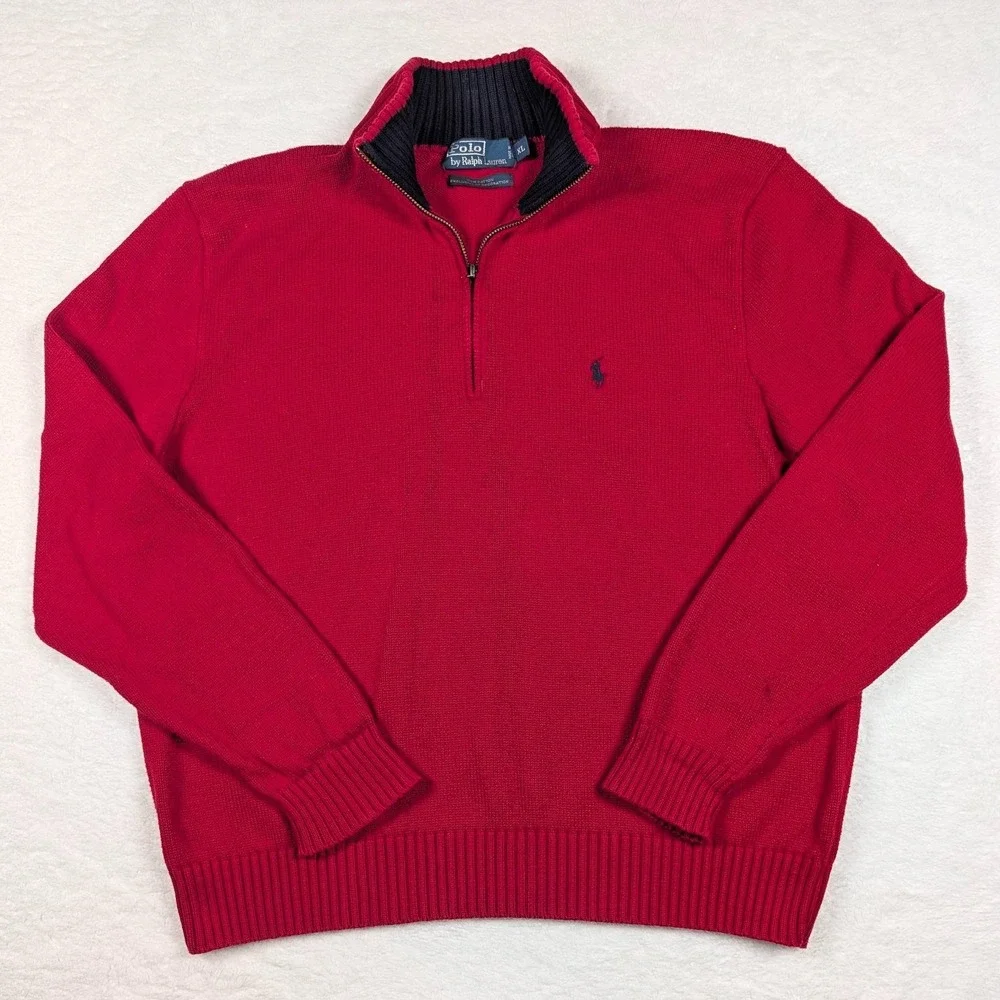 Polo Ralph Lauren Sweater Mens XL Red‎ 1/4 Zip Mock Neck Cotton Pullover Pony